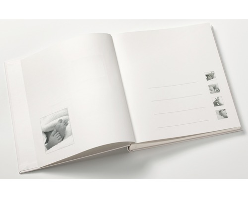 Offenes Fotoalbum mit Platzhaltern für Fotos und Texte