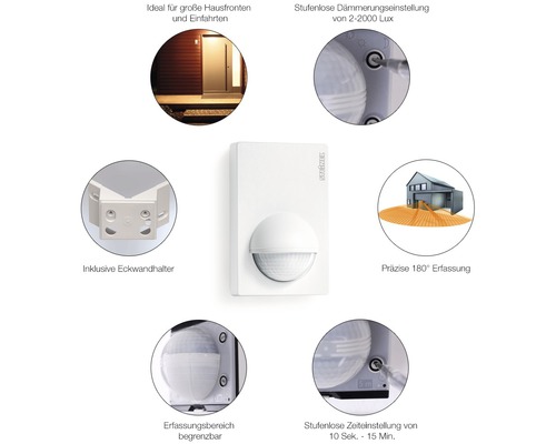 Steinel Sensorleuchte mit Produktinformationen zu Erfassungsbereich, Dämmerungseinstellung und Eckwandhalter