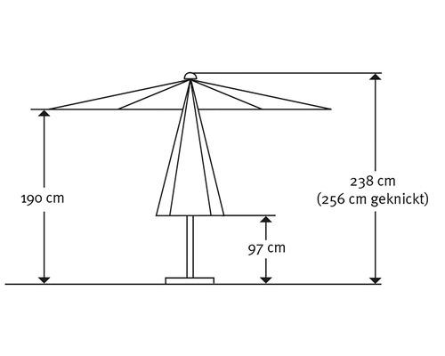 Skizze eines Sonnenschirms mit den Maßen 190 cm Höhe, 238 cm Gesamthöhe und 97 cm Höhe des Tisches