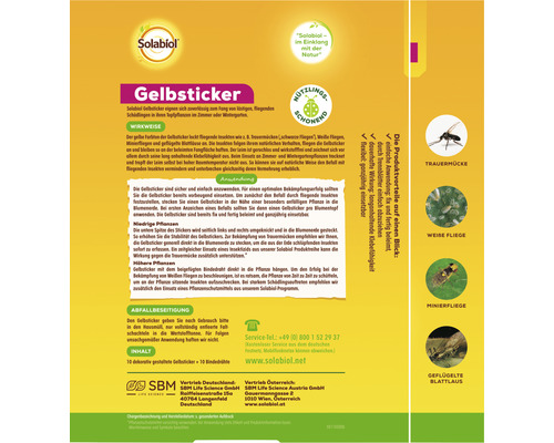 Solabiol Gelbsticker zur Schädlingsbekämpfung mit Produktinformationen zu Anwendungsweise und Produkteigenschaften