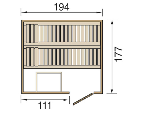 Grundriss einer Sauna mit Maßen.