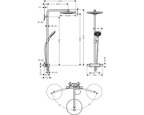 Technische Zeichnung eines Duschsystems mit Maßangaben