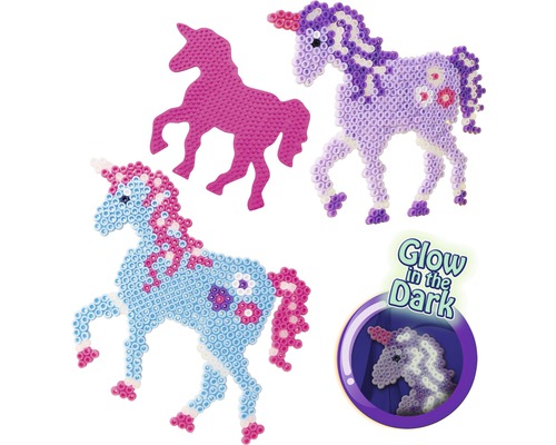 Einhorn Bügelperlen-Set mit Leuchteffekt im Dunkeln.