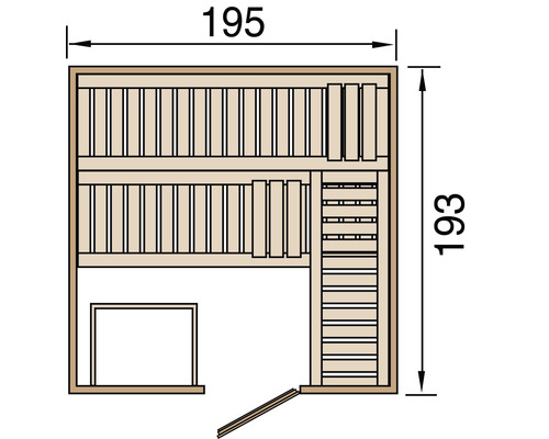 Skizze einer Sauna mit den Maßen 195 mal 193 Zentimeter.