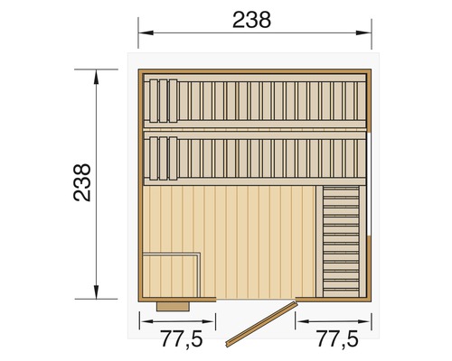 Grundriss einer Sauna mit Bemaßung der Seitenlängen