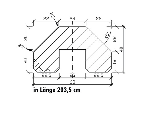 Technische Zeichnung eines Holzprofils mit Maßangaben