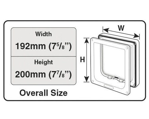 Größenangaben für eine Katzenklappe: Breite 192 Millimeter, Höhe 200 Millimeter