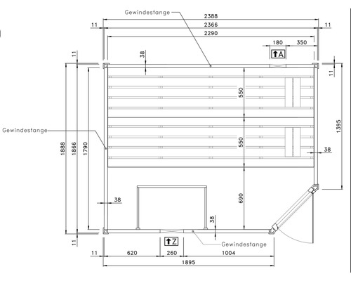 Technische Zeichnung eines Gerätehauses mit Maßangaben