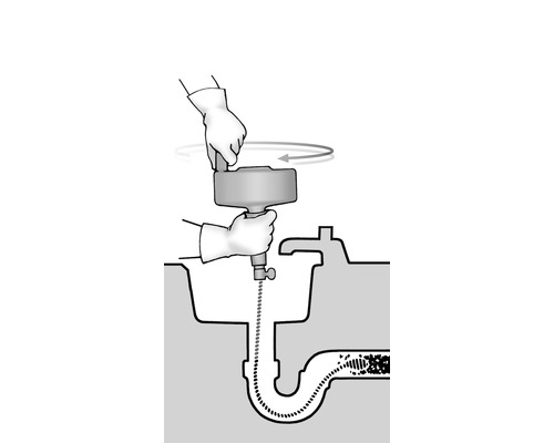 Illustration einer Rohrreinigungsspirale im Einsatz zur Beseitigung einer Verstopfung in einem Waschbeckenabfluss