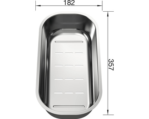 Spülbeckeneinsatz aus Edelstahl mit den Maßen 182 mal 357 Millimeter.