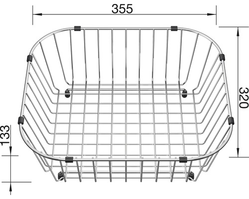 Drahtkorb mit Maßangaben 355, 320 und 133.