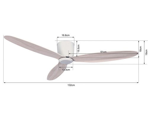 Abmessungen eines Deckenventilators mit drei Flügeln und den Maßen 132 mal 19 Zentimeter.