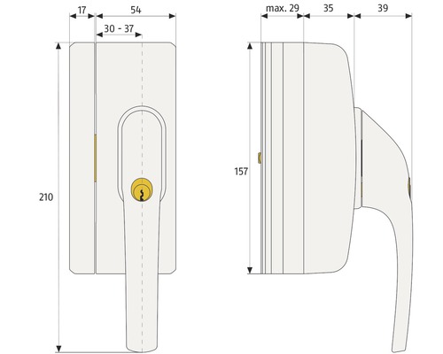 Technische Zeichnung eines abschließbaren Fenstergriffs mit Maßangaben
