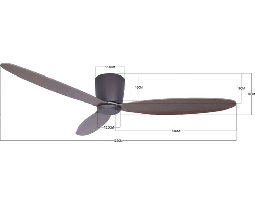 De Abmessungen des Deckenventilators sind dargestellt.