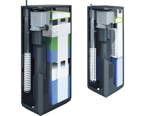 Zwei Ansichten eines Aquarium Innenfilters mit verschiedenen Filtermedien.