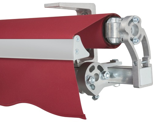 Detailansicht einer Markise mit Aluminiumgestell und Stoff
