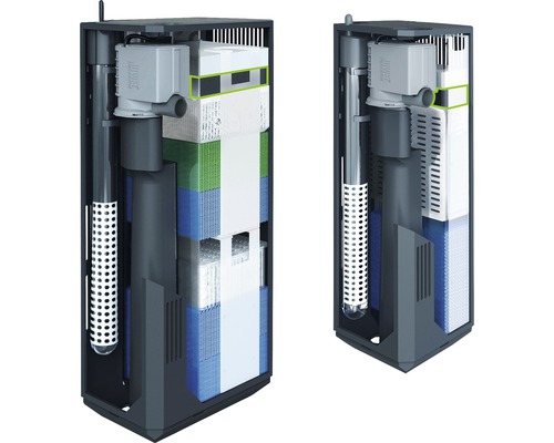 Zwei Juwel Innenfilter mit verschiedenen Filtermedien zur Aquarienreinigung.