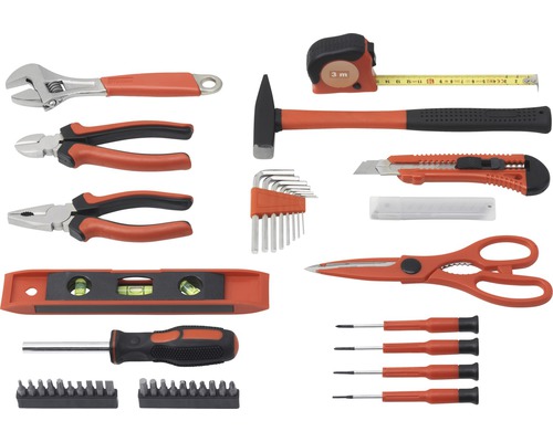 Werkzeugset mit Hammer, Schraubenschlüssel, Zange, Maßband, Cuttermesser, Wasserwaage und Schraubendrehern