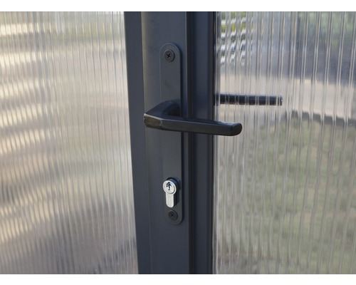 Detailansicht einer abschließbaren Tür mit Griff und Polycarbonat-Verglasung