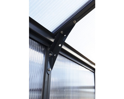 Detailansicht eines Gewächshausrahmens mit Polycarbonatplatten