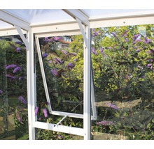 Detailansicht eines Gewächshauses mit geöffnetem Fenster und Blick auf blühende Pflanzen