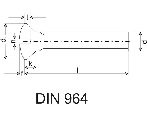 Technische Zeichnung einer Holzschlitzschraube nach DIN 964 mit Maßangaben