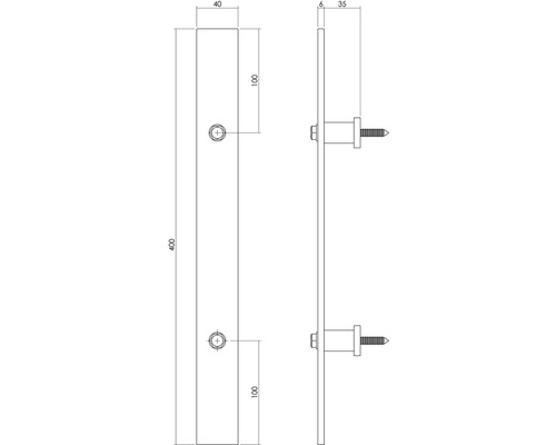 Technische Zeichnung eines Wandhalters mit Schrauben und Maßangaben