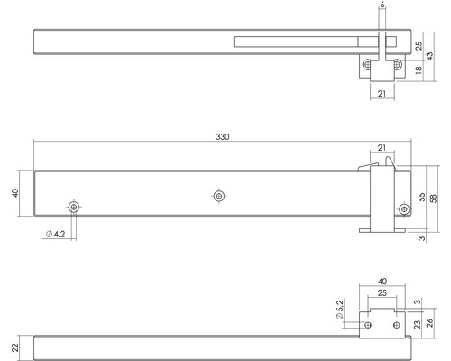 Technische Zeichnung eines Fenstergriffs mit Maßangaben