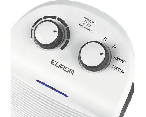 Detailansicht eines Eurom Heizlüfters mit zwei Drehreglern zur Temperatureinstellung und Leistungsregelung