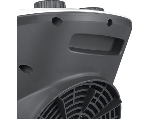 Detailansicht eines Heizlüfters mit Lüfter, Griff und Drehreglern