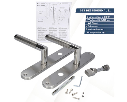 Set bestehend aus zwei Langschildern mit Griff, einem Vierkantstift 8x105 Millimeter, einem WC Riegel, vier Schrauben, zwei Madenschrauben und einer Montageanleitung.