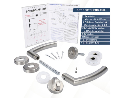 Edelstahl Türbeschlagset mit zwei Türdrückern, Vierkantstift, WC-Riegel, Cliprosetten, Schrauben, Madenschrauben, Bohrschablone und Montageanleitung
