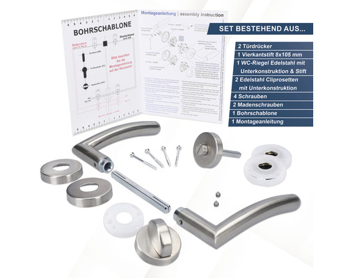 Türbeschlagset mit zwei Türdrückern, Vierkantstift, WC-Riegel, Cliprosetten, Schrauben, Madenschrauben, Bohrschablone und Montageanleitung
