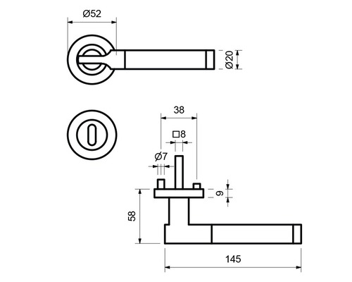 Technische Zeichnung eines Türdrückers mit Maßen