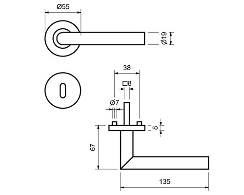 Technische Zeichnung eines Türdrückers mit Maßen
