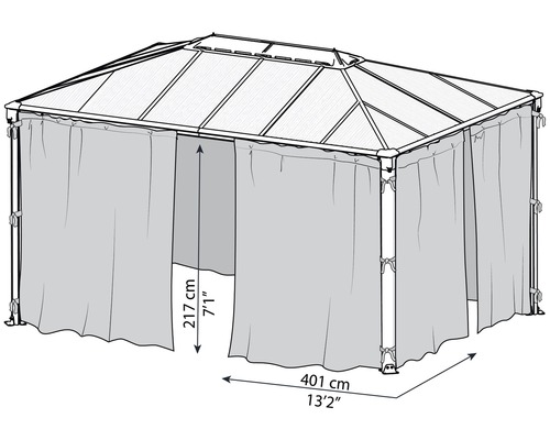 Abbildung eines Pavillons mit Vorhängen und Maßangaben.