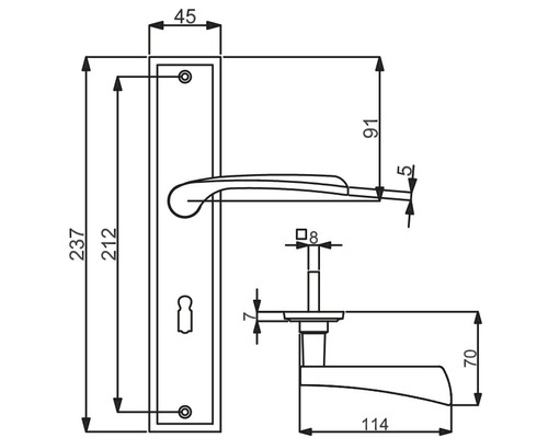 Technische Zeichnung eines Türdrückers mit Maßangaben