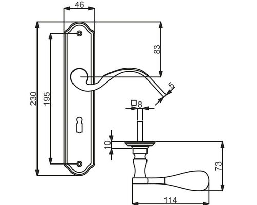 Technische Zeichnung eines Türdrückers mit Maßen