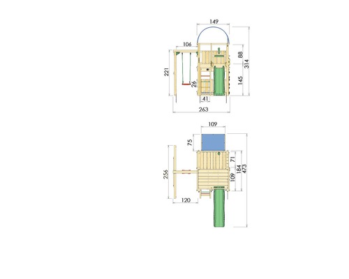 Abmessungen eines Spielturms mit Schaukel und Rutsche