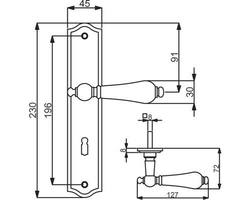 Technische Zeichnung eines Türdrückers mit Maßen