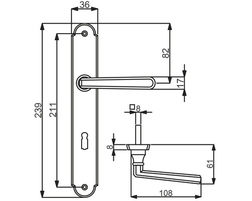 Technische Zeichnung eines Türdrückers mit Maßen.