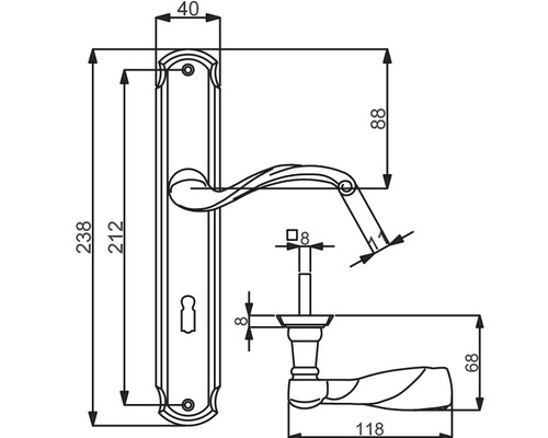 Technische Zeichnung eines Türdrückers mit Maßen