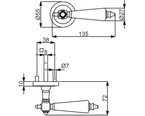 Technische Zeichnung eines Türdrückers mit Maßangaben
