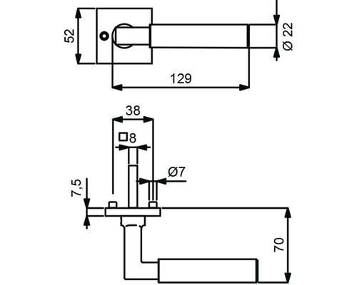 Technische Zeichnung eines Türdrückers mit Maßangaben