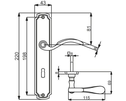 Technische Zeichnung eines Türbeschlags mit Maßen