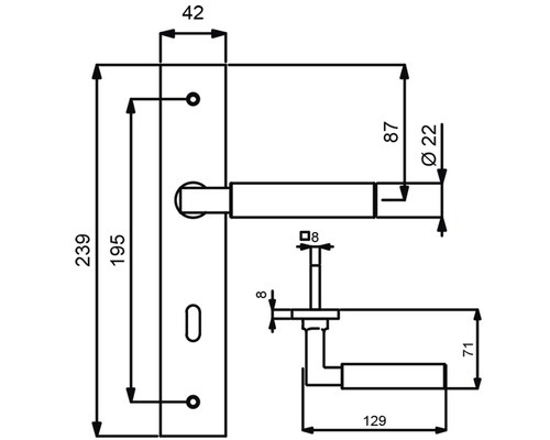 Technische Zeichnung eines Türdrückers mit Maßangaben