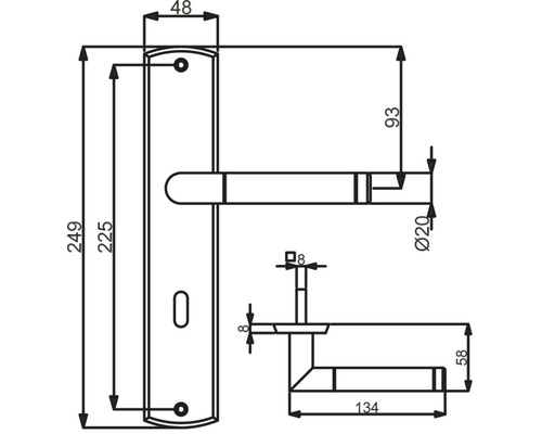 Technische Zeichnung eines Türgriffs mit Maßangaben