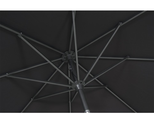 Unteransicht eines geöffneten Sonnenschirms mit Streben und Mast