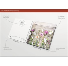 Glasbild mit Blumenmotiv, inklusive Wandhalterung und Abstandshalter