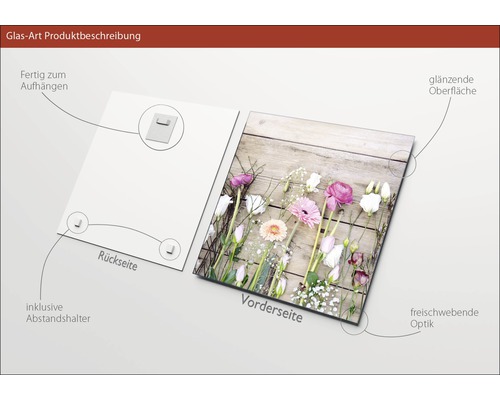Glasbild mit Blumenmotiv, inklusive Wandhalterung und Abstandshalter